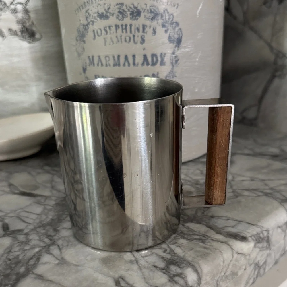 Vintage Stainless Steel Milk Frothing Pitcher with Wooden Teak Handle MCM Danish